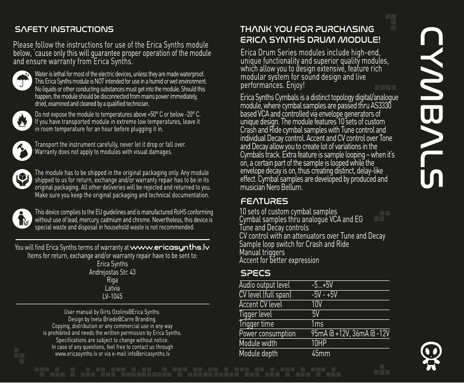 Cy b a ls | Erica Synths Cymbals Eurorack Module (10 HP) User Manual | Page 2 / 3