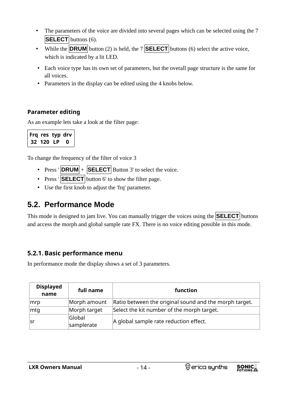 Parameter editing, Performance mode, Basic performance menu | Erica Synths LXR Eurorack Drum Module (28 HP) User Manual | Page 14 / 39