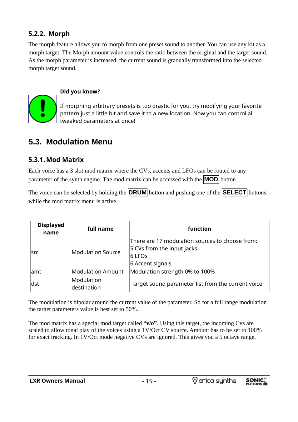 Morph, Modulation menu, Mod matrix | Erica Synths LXR Eurorack Drum Module (28 HP) User Manual | Page 15 / 39