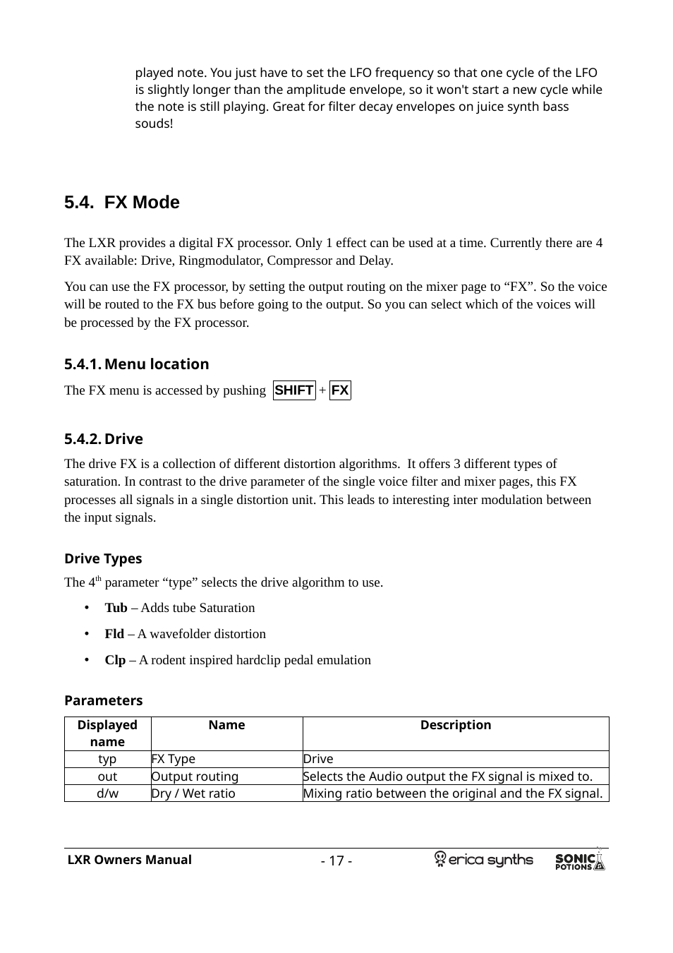 Fx mode, Menu location, Drive | Drive types, Parameters | Erica Synths LXR Eurorack Drum Module (28 HP) User Manual | Page 17 / 39