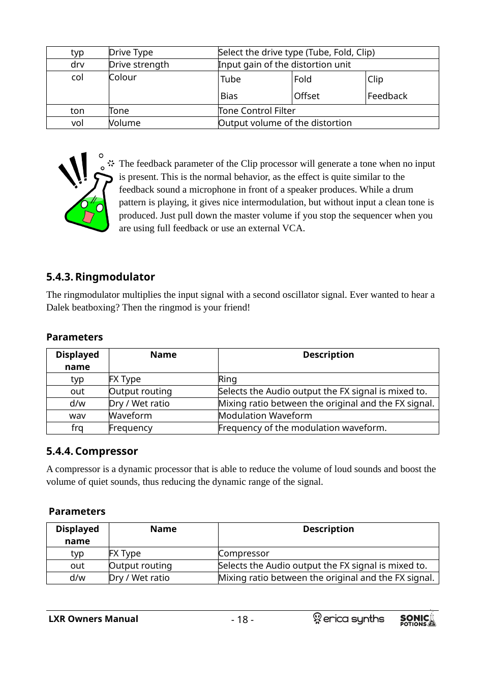 Ringmodulator, Parameters, Compressor | Erica Synths LXR Eurorack Drum Module (28 HP) User Manual | Page 18 / 39