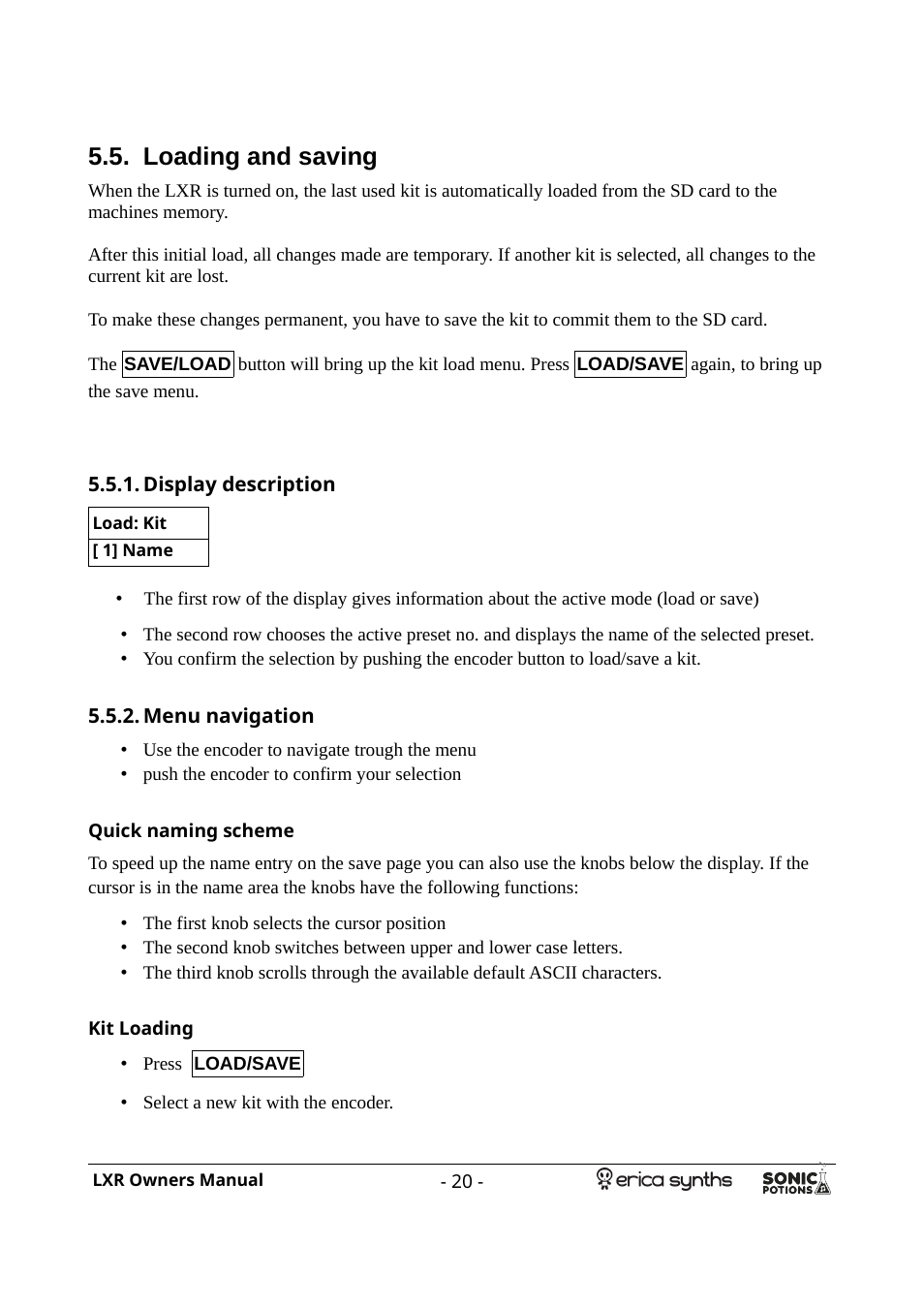 Loading and saving, Display description, Menu navigation | Quick naming scheme, Kit loading | Erica Synths LXR Eurorack Drum Module (28 HP) User Manual | Page 20 / 39