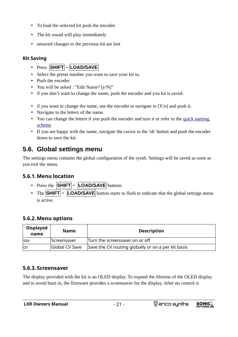 Kit saving, Global settings menu, Menu location | Menu options, Screensaver | Erica Synths LXR Eurorack Drum Module (28 HP) User Manual | Page 21 / 39