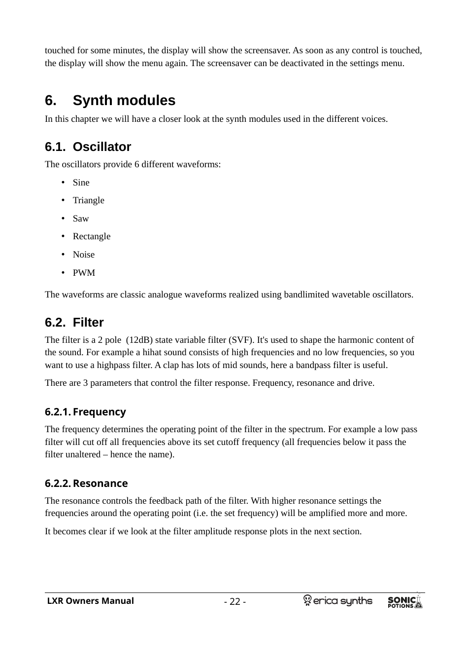 Synth modules, Oscillator, Filter | Frequency, Resonance | Erica Synths LXR Eurorack Drum Module (28 HP) User Manual | Page 22 / 39