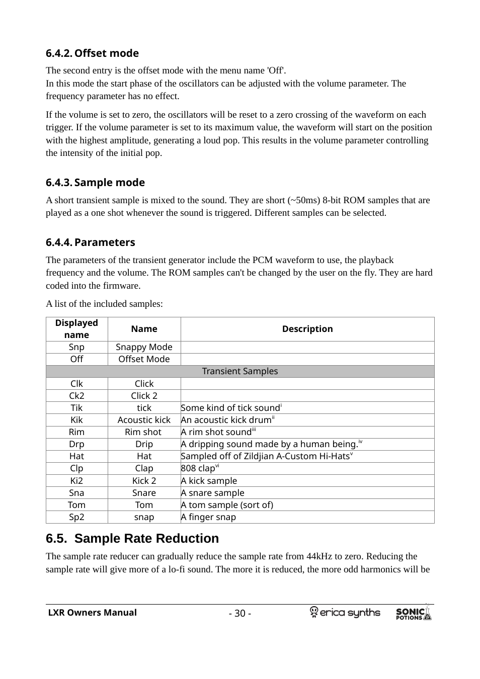 Offset mode, Sample mode, Parameters | Sample rate reduction | Erica Synths LXR Eurorack Drum Module (28 HP) User Manual | Page 30 / 39