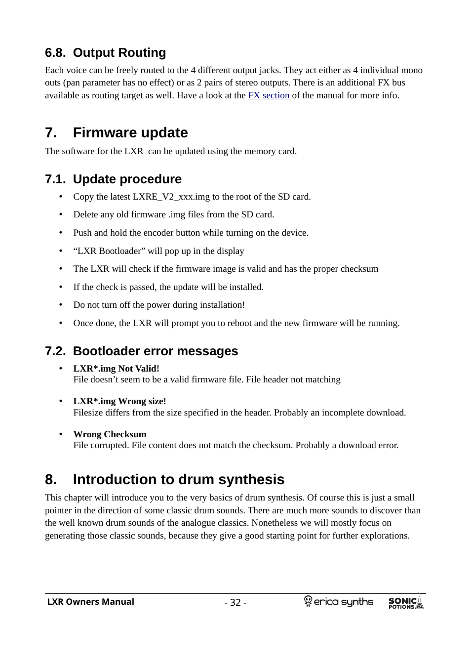 Output routing, Firmware update, Update procedure | Bootloader error messages, Introduction to drum synthesis | Erica Synths LXR Eurorack Drum Module (28 HP) User Manual | Page 32 / 39