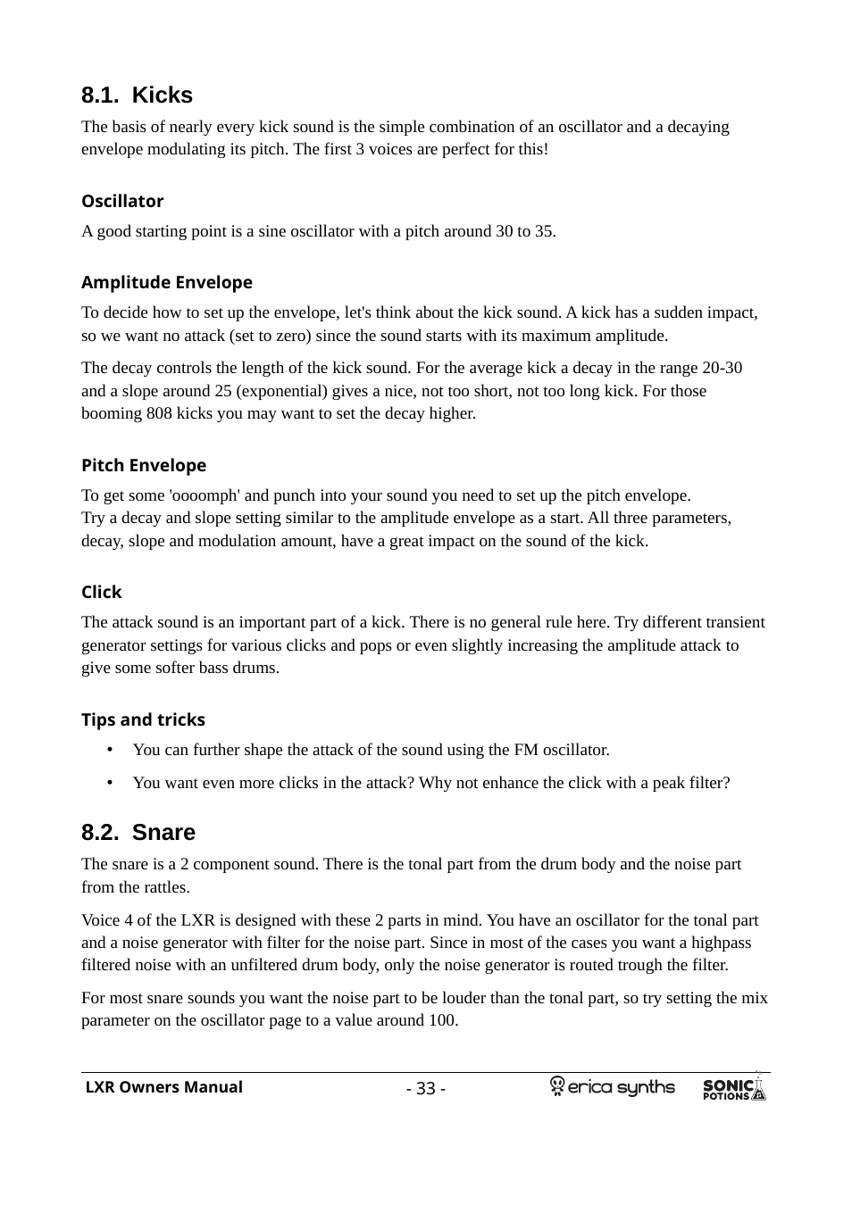 Kicks, Oscillator, Amplitude envelope | Pitch envelope, Click, Tips and tricks, Snare | Erica Synths LXR Eurorack Drum Module (28 HP) User Manual | Page 33 / 39