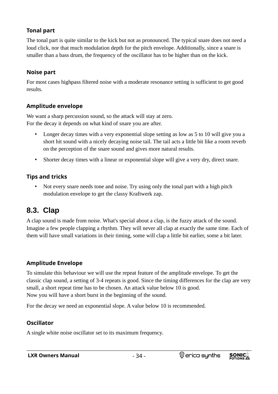 Tonal part, Noise part, Amplitude envelope | Tips and tricks, Clap, Oscillator | Erica Synths LXR Eurorack Drum Module (28 HP) User Manual | Page 34 / 39