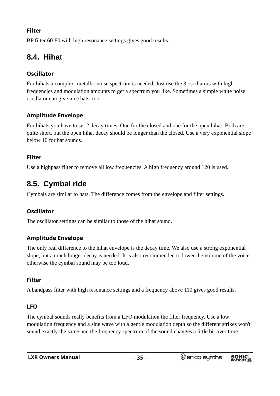 Filter, Hihat, Oscillator | Amplitude envelope, Cymbal ride | Erica Synths LXR Eurorack Drum Module (28 HP) User Manual | Page 35 / 39