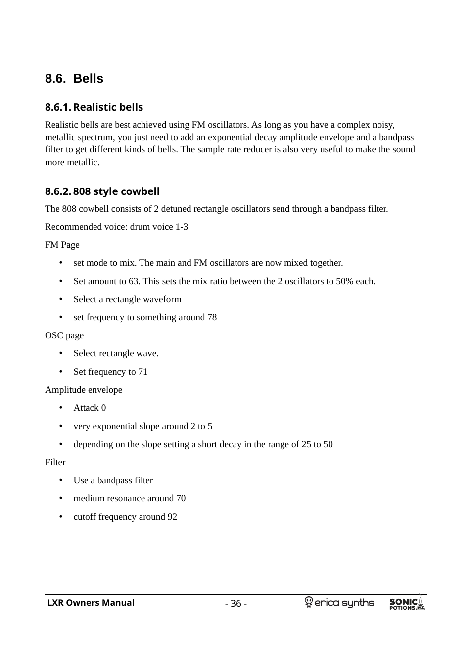 Bells, Realistic bells, 808 style cowbell | Erica Synths LXR Eurorack Drum Module (28 HP) User Manual | Page 36 / 39