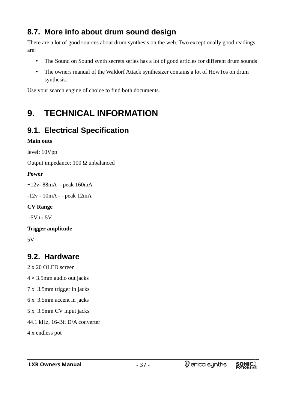 More info about drum sound design, Technical information, Electrical specification | Hardware | Erica Synths LXR Eurorack Drum Module (28 HP) User Manual | Page 37 / 39