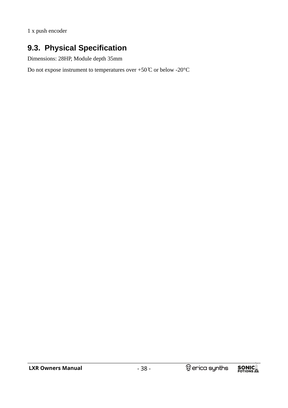 Physical specification | Erica Synths LXR Eurorack Drum Module (28 HP) User Manual | Page 38 / 39