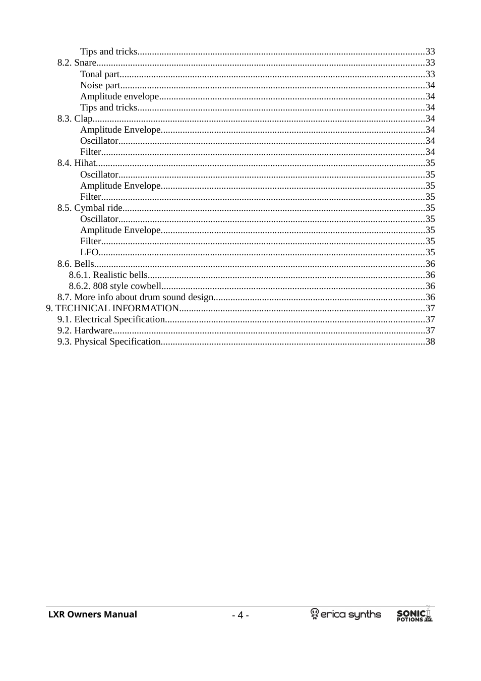 Erica Synths LXR Eurorack Drum Module (28 HP) User Manual | Page 4 / 39