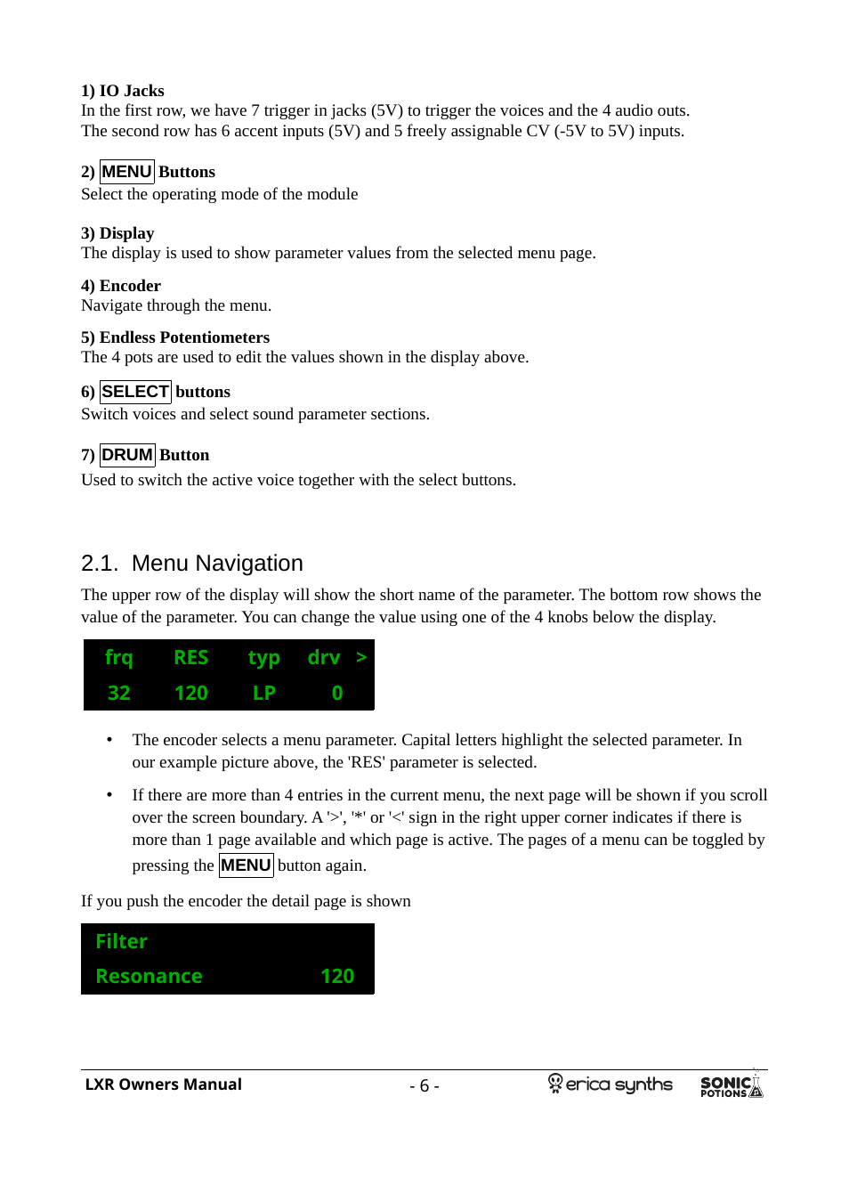 Menu navigation | Erica Synths LXR Eurorack Drum Module (28 HP) User Manual | Page 6 / 39