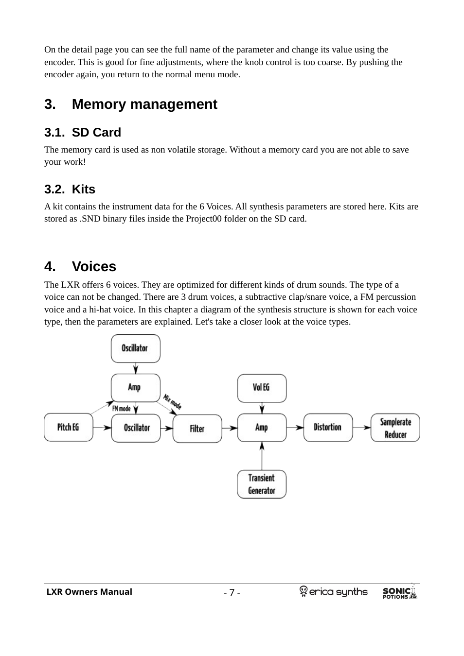 Memory management, Sd card, Kits | Voices | Erica Synths LXR Eurorack Drum Module (28 HP) User Manual | Page 7 / 39