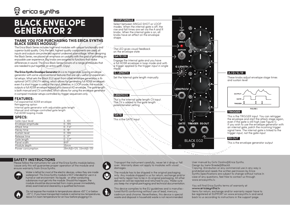 Erica Synths Black EG2 Envelope Generator Eurorack Module User Manual | 1 page