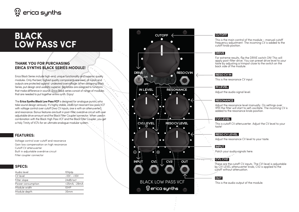 Erica Synths Black Low-Pass Filter Eurorack Module (10 HP) User Manual | 2 pages