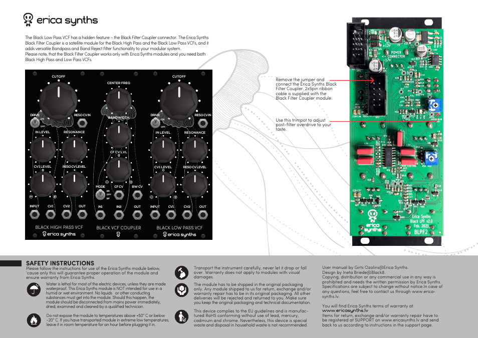 Safety instructions | Erica Synths Black Low-Pass Filter Eurorack Module (10 HP) User Manual | Page 2 / 2