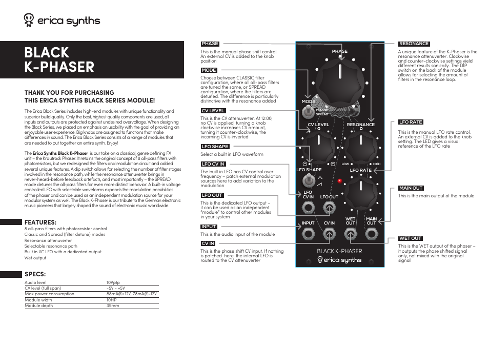 Erica Synths Black K-Phaser Eurorack Module (10 HP) User Manual | 2 pages