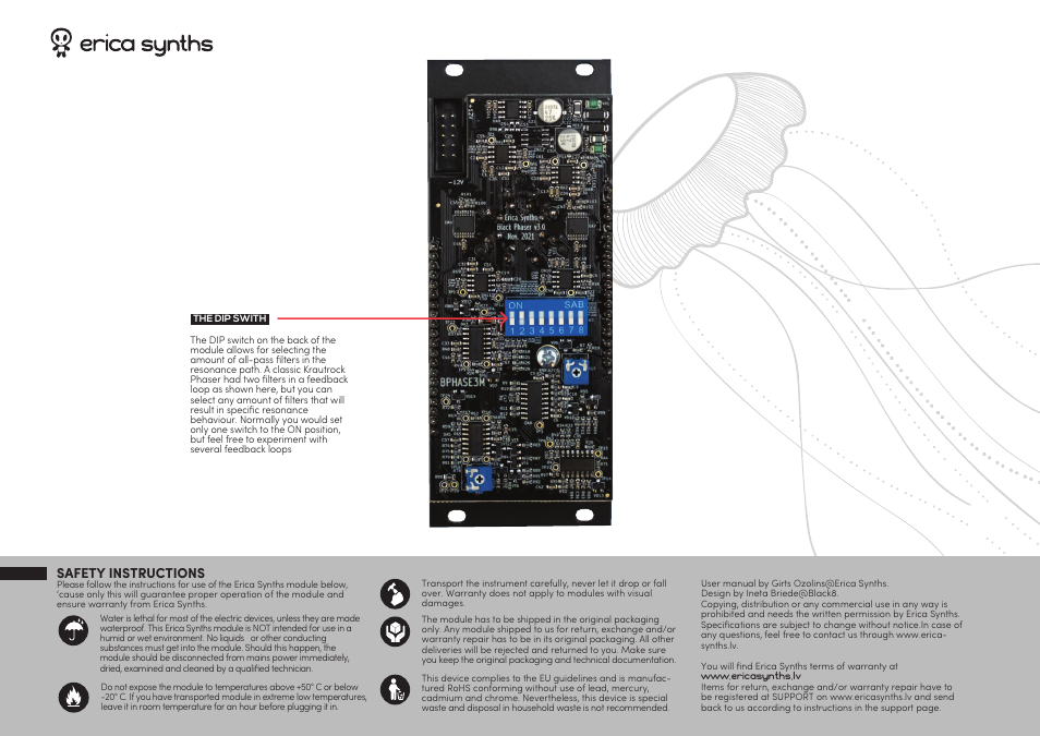 Safety instructions | Erica Synths Black K-Phaser Eurorack Module (10 HP) User Manual | Page 2 / 2