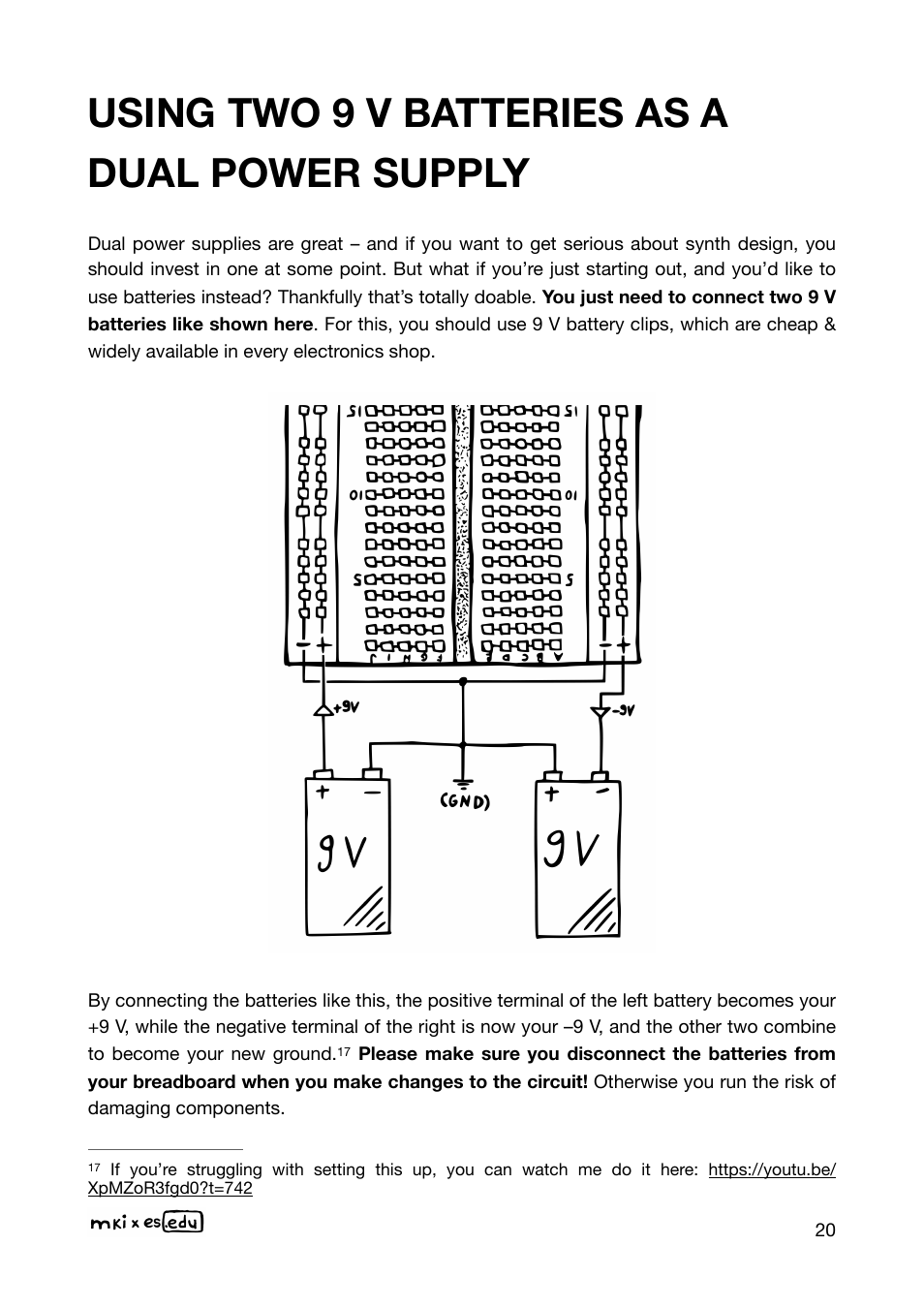 Using two 9 v batteries as a dual power supply | Erica Synths EDU DIY Mixer Eurorack Module Kit User Manual | Page 20 / 48