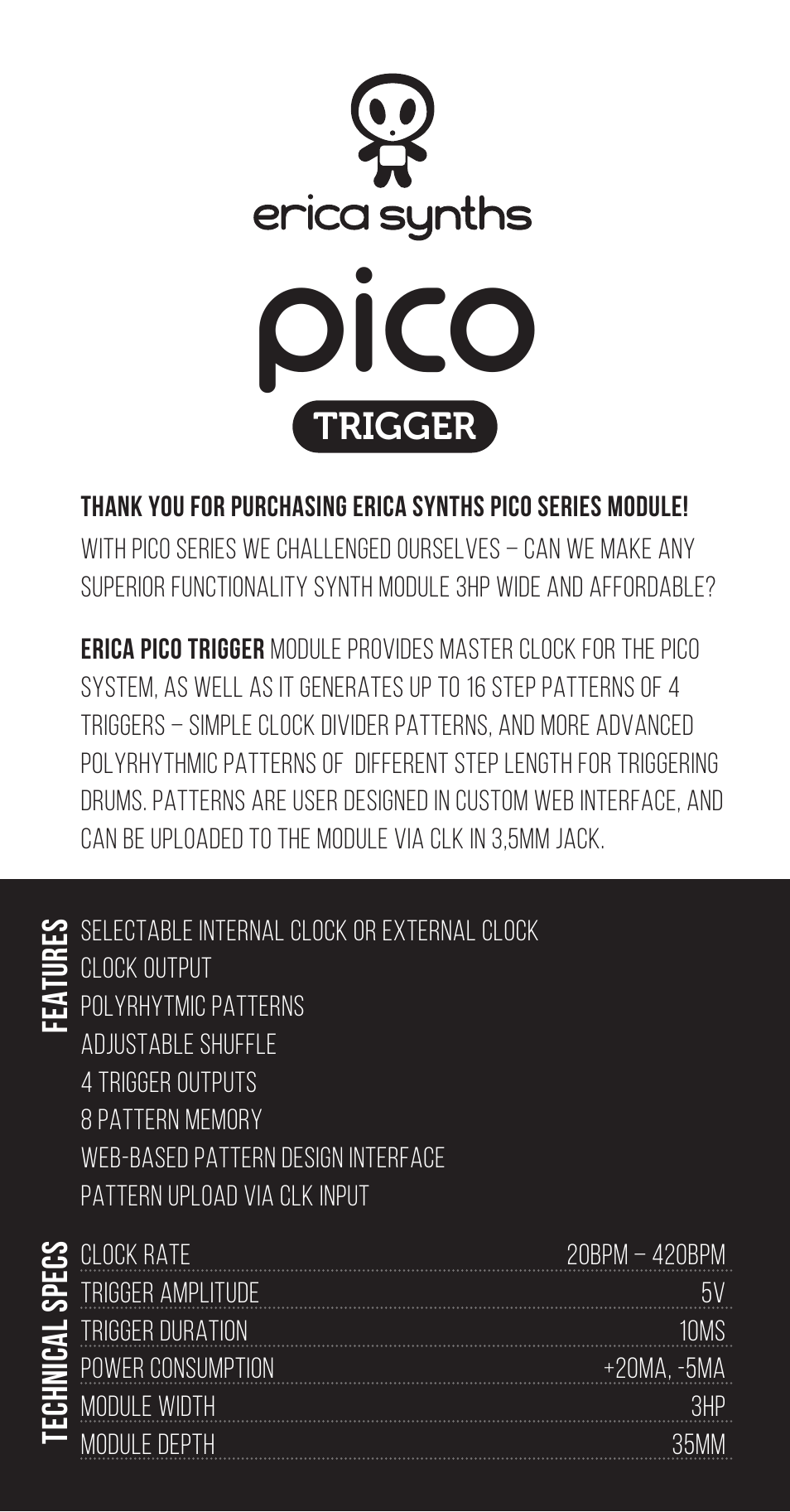 Erica Synths Pico Trigger Eurorack Module (3 HP) User Manual | 4 pages