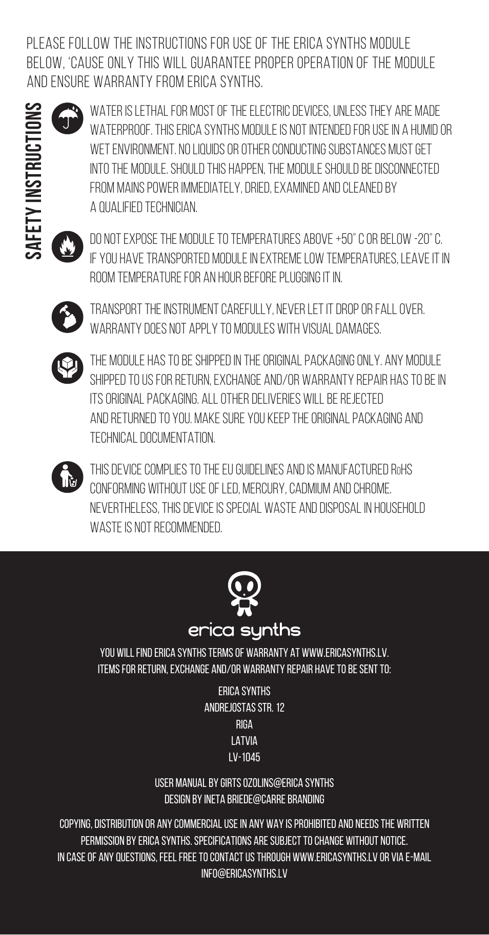 Safety instructions | Erica Synths Pico Trigger Eurorack Module (3 HP) User Manual | Page 4 / 4