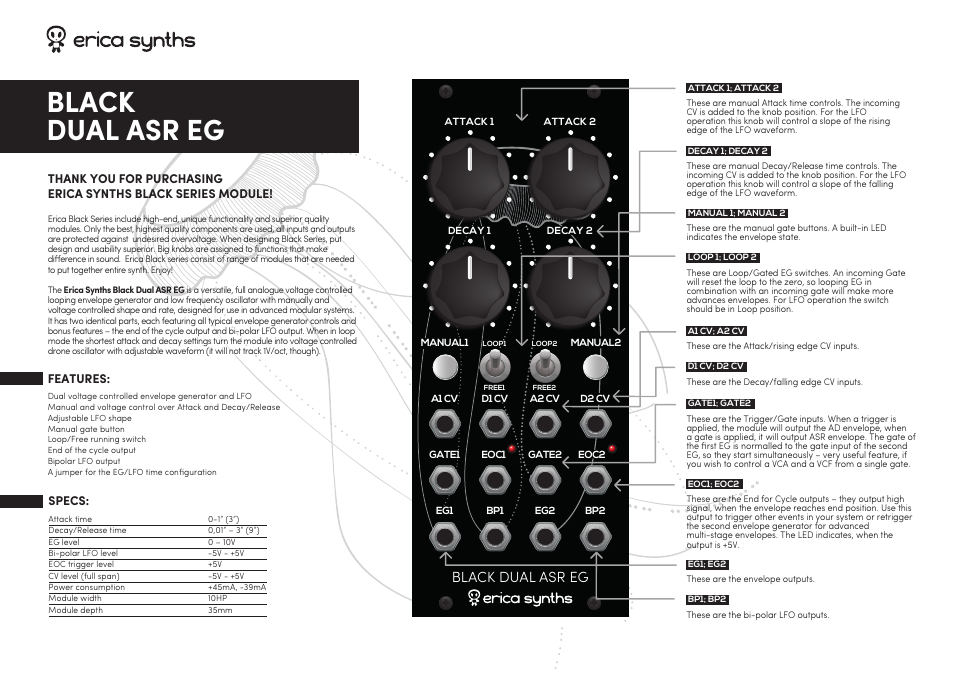 Erica Synths Black Dual ASR EG Eurorack Module User Manual | 2 pages