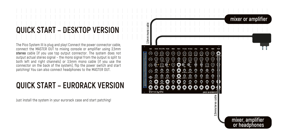 Quick start – desktop version, Quick start – eurorack version, Mixer or amplifier mixer, amplifier or headphones | Erica Synths Pico System III Eurorack Modular Synthesizer System (Eurorack Module) User Manual | Page 3 / 32