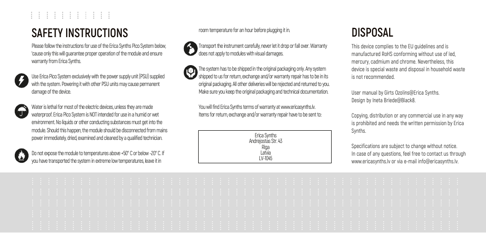 Safety instructions, Disposal | Erica Synths Pico System III Eurorack Modular Synthesizer System (Eurorack Module) User Manual | Page 32 / 32