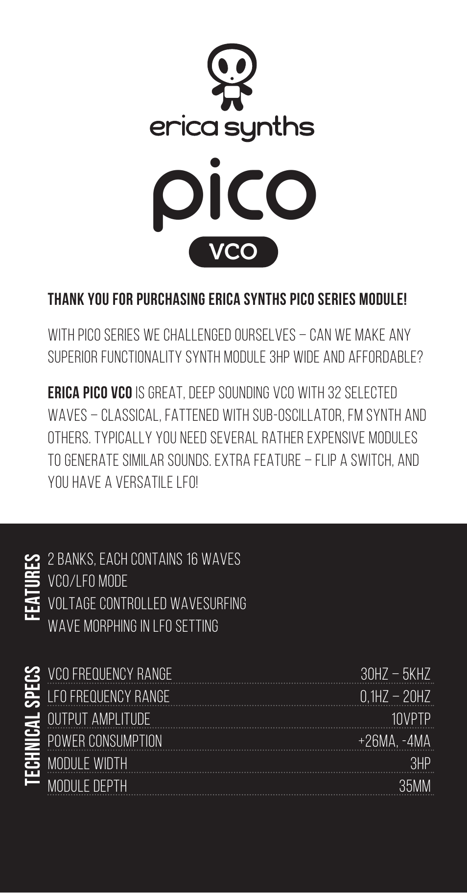 Erica Synths Pico VCO Eurorack Module (3 HP) User Manual | 3 pages