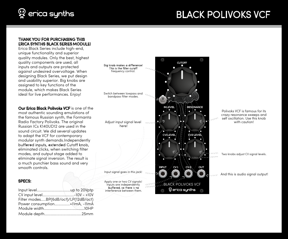 Erica Synths Black Polivoks VCF V2 Eurorack Module (10 HP) User Manual | 2 pages