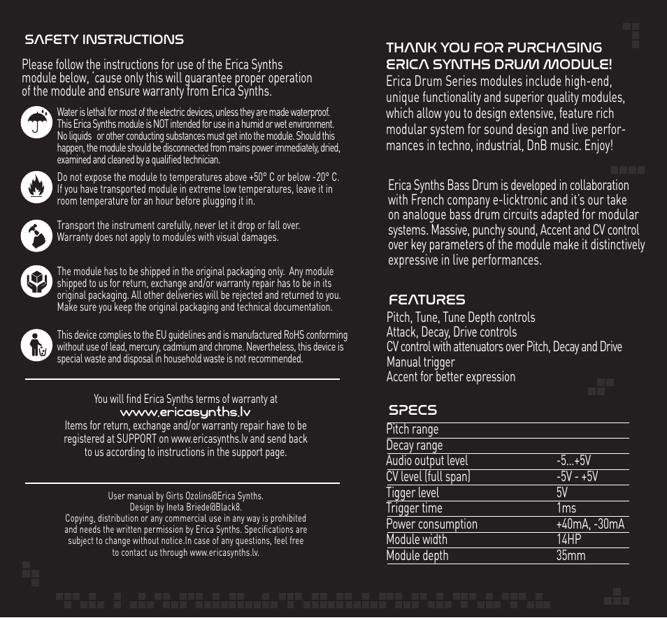 Erica Synths Bass Drum2 Eurorack Module (14 HP) User Manual | 2 pages