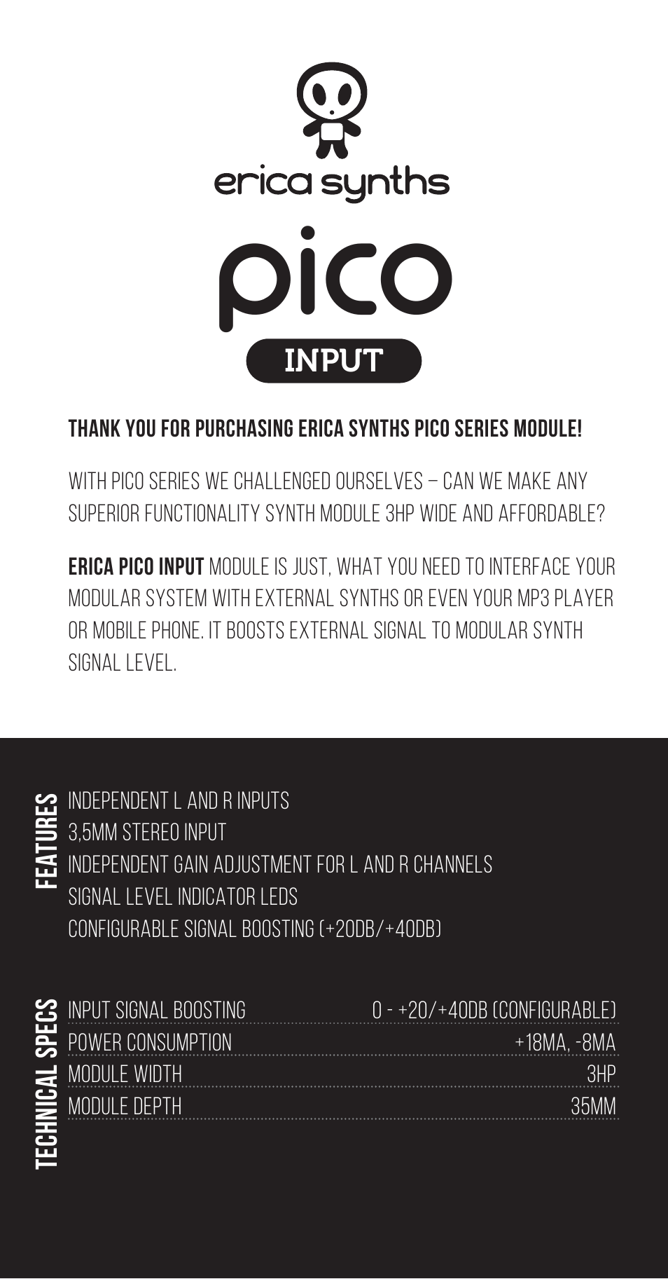 Erica Synths Pico Input Eurorack Module (3 HP) User Manual | 3 pages