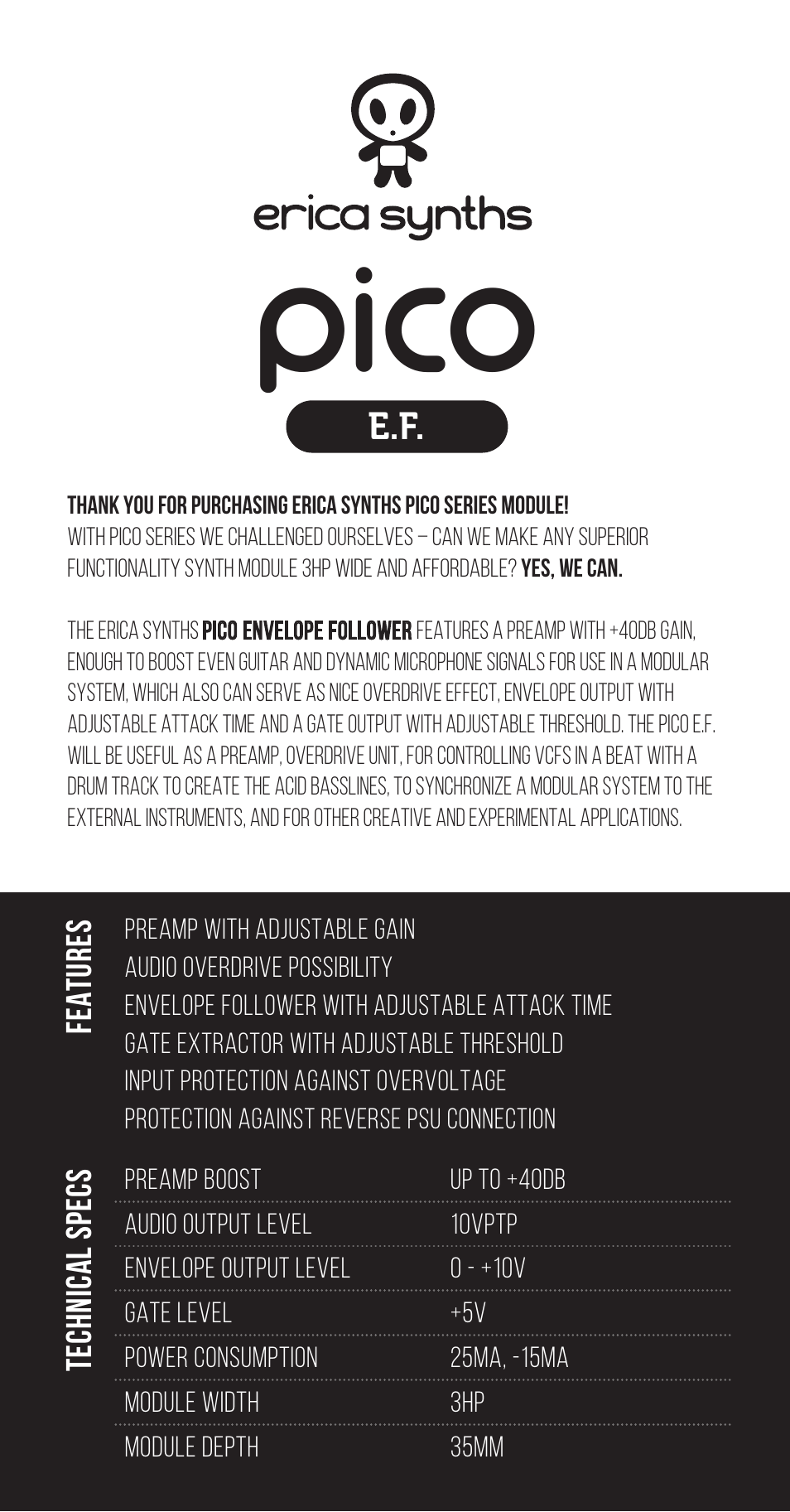 Erica Synths Pico EF Envelope Follower Eurorack Module (3 HP) User Manual | 3 pages