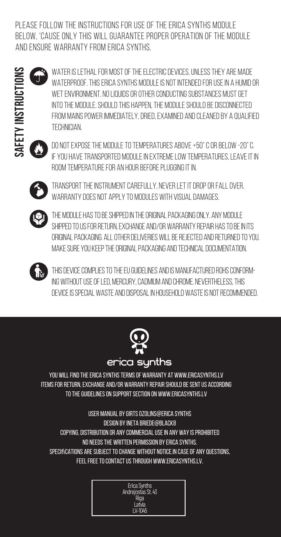 Safety instructions | Erica Synths Pico EF Envelope Follower Eurorack Module (3 HP) User Manual | Page 3 / 3