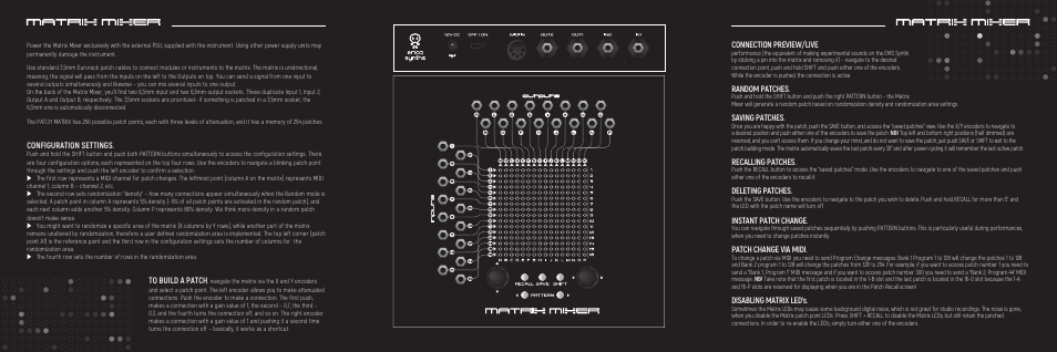 Configuration settings, Connection preview/live, Random patches | Saving patches, Recalling patches, Deleting patches, Instant patch change, Patch change via midi, Disabling matrix led's | Erica Synths Desktop Matrix Mixer User Manual | Page 2 / 2