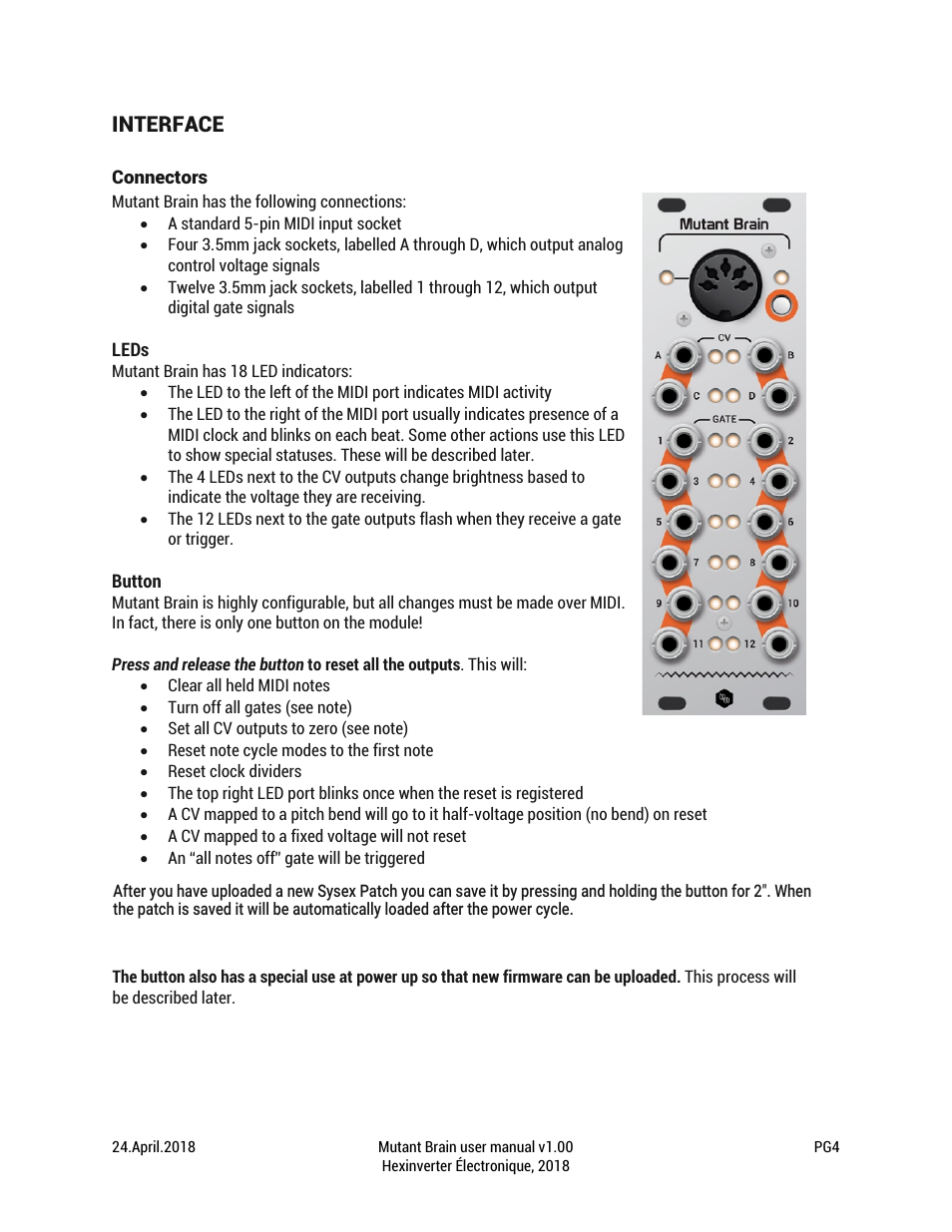 Interface | Erica Synths Hexinverter Mutant Brain MIDI to CV Eurorack Module (8 HP) User Manual | Page 4 / 17