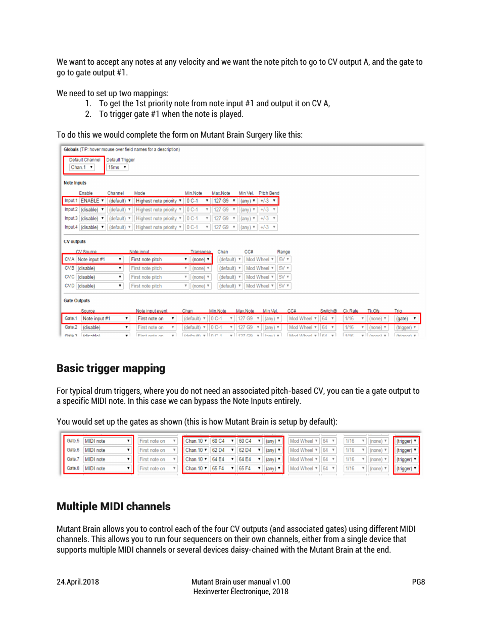 Basic trigger mapping, Multiple midi channels | Erica Synths Hexinverter Mutant Brain MIDI to CV Eurorack Module (8 HP) User Manual | Page 8 / 17