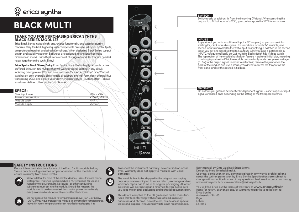 Erica Synths Black Multi Eurorack Module (4 HP) User Manual | 1 page