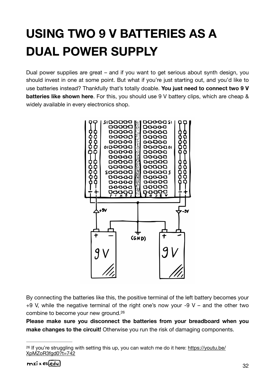 Using two 9 v batteries as a dual power supply | Erica Synths EDU DIY Dual VCA Eurorack Module Kit User Manual | Page 32 / 60