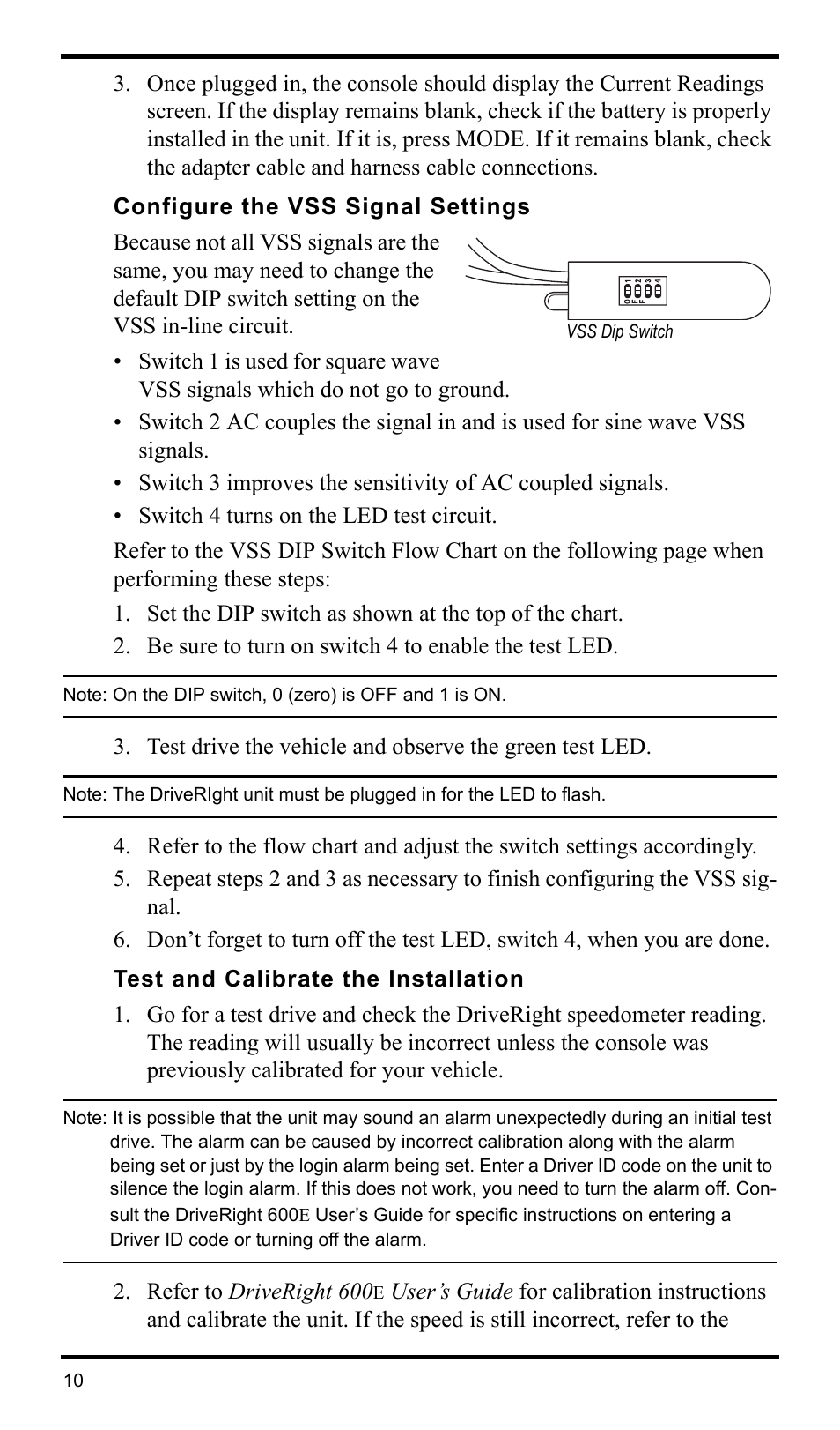 Configure the vss signal settings, Test and calibrate the installation | DAVIS DriveRight 600E VSS Installation Guide (8126VSS) User Manual | Page 12 / 16