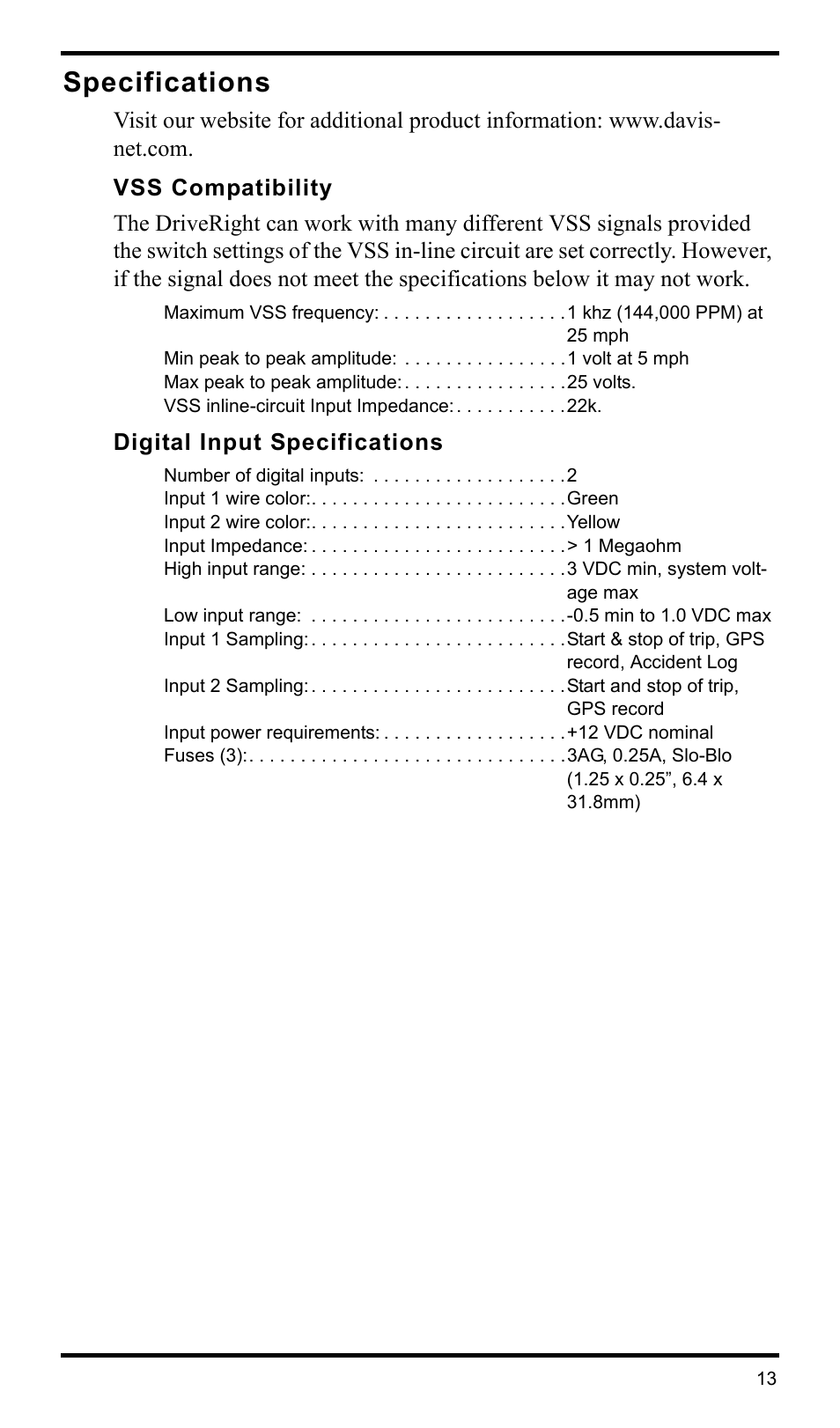 Specifications, Vss compatibility, Digital input specifications | DAVIS DriveRight 600E VSS Installation Guide (8126VSS) User Manual | Page 15 / 16