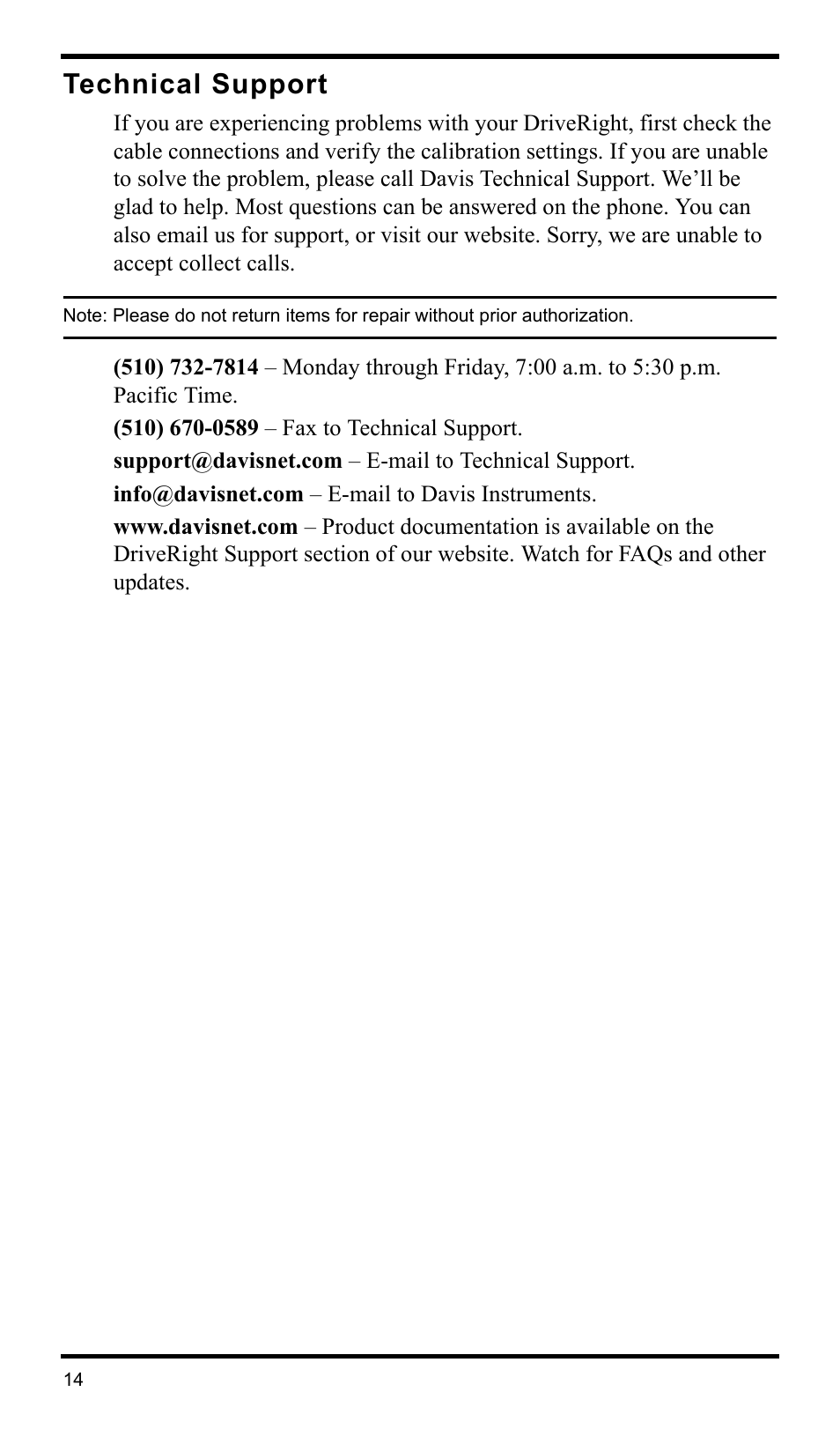 Technical support | DAVIS DriveRight 600E VSS Installation Guide (8126VSS) User Manual | Page 16 / 16