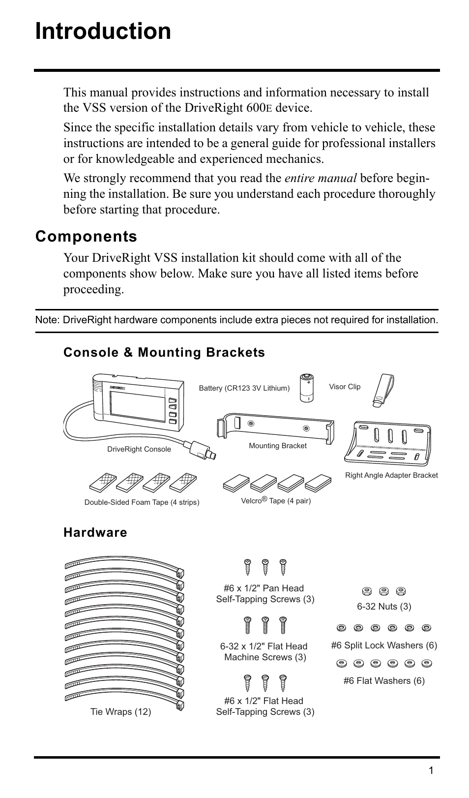 Introduction, Components, Console & mounting brackets | Hardware, Console & mounting brackets hardware | DAVIS DriveRight 600E VSS Installation Guide (8126VSS) User Manual | Page 3 / 16