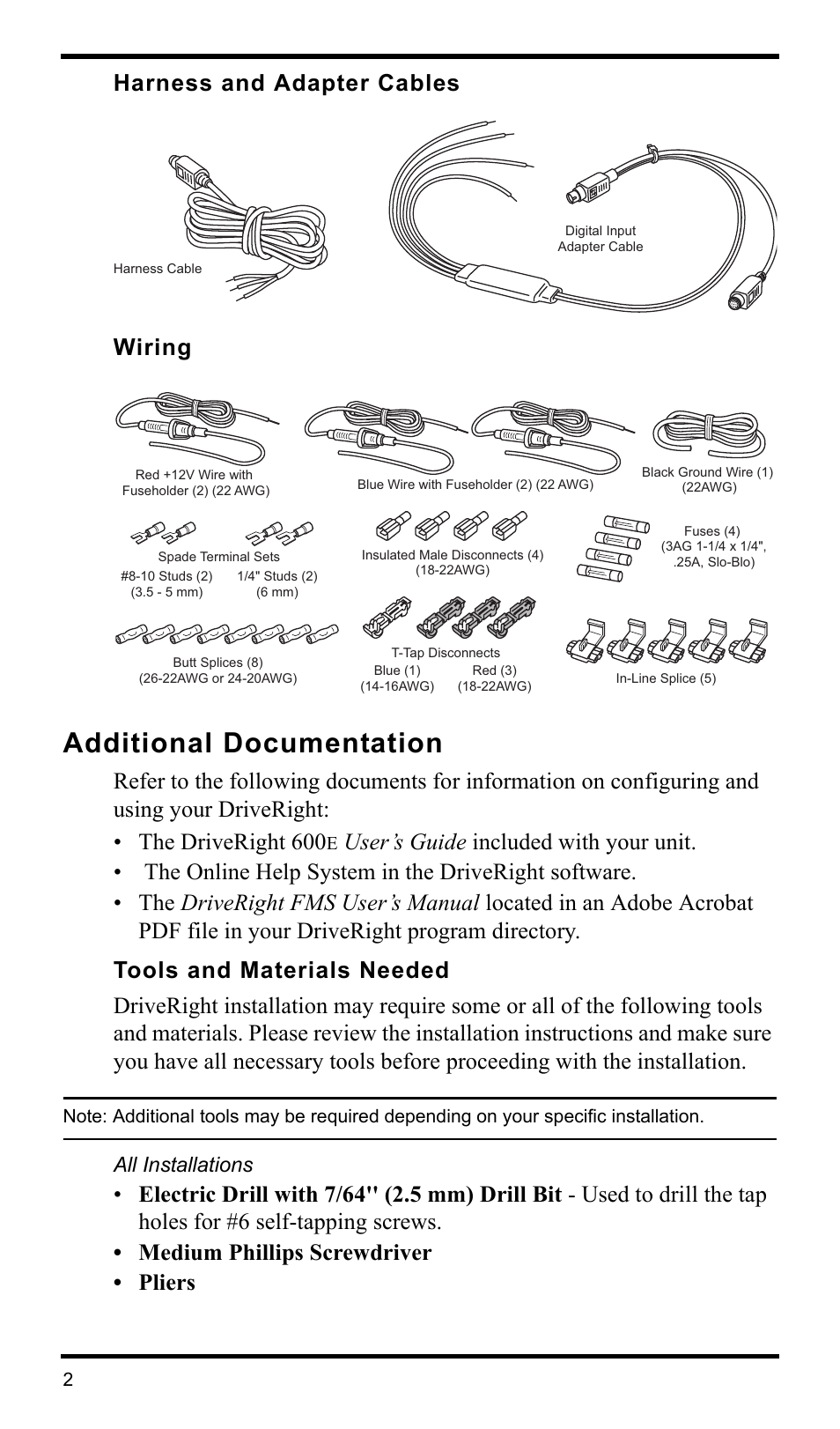 Harness and adapter cables, Wiring, Additional documentation | Tools and materials needed, All installations, Harness and adapter cables wiring | DAVIS DriveRight 600E VSS Installation Guide (8126VSS) User Manual | Page 4 / 16
