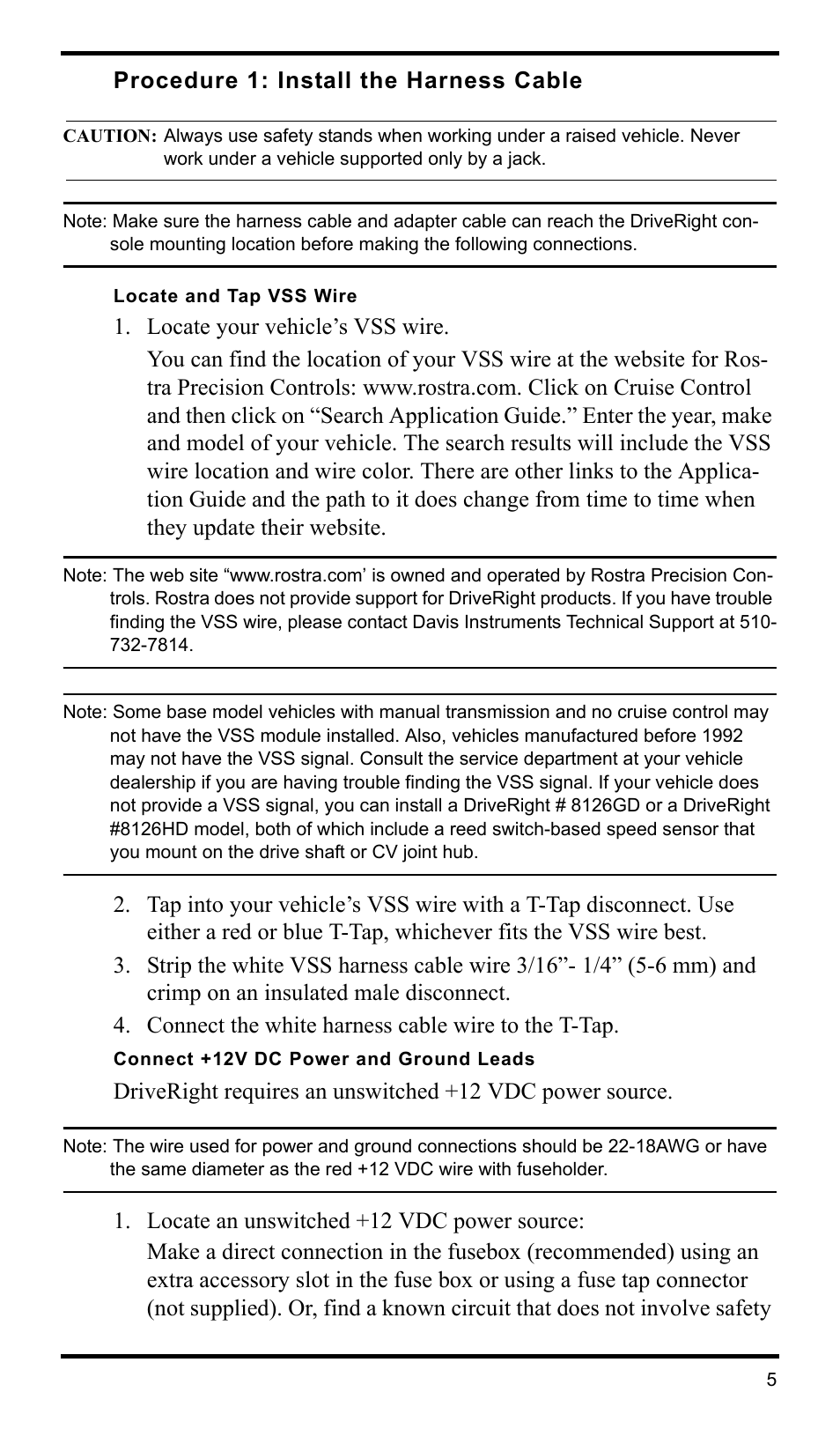Procedure 1: install the harness cable, Locate and tap vss wire, Connect +12v dc power and ground leads | DAVIS DriveRight 600E VSS Installation Guide (8126VSS) User Manual | Page 7 / 16