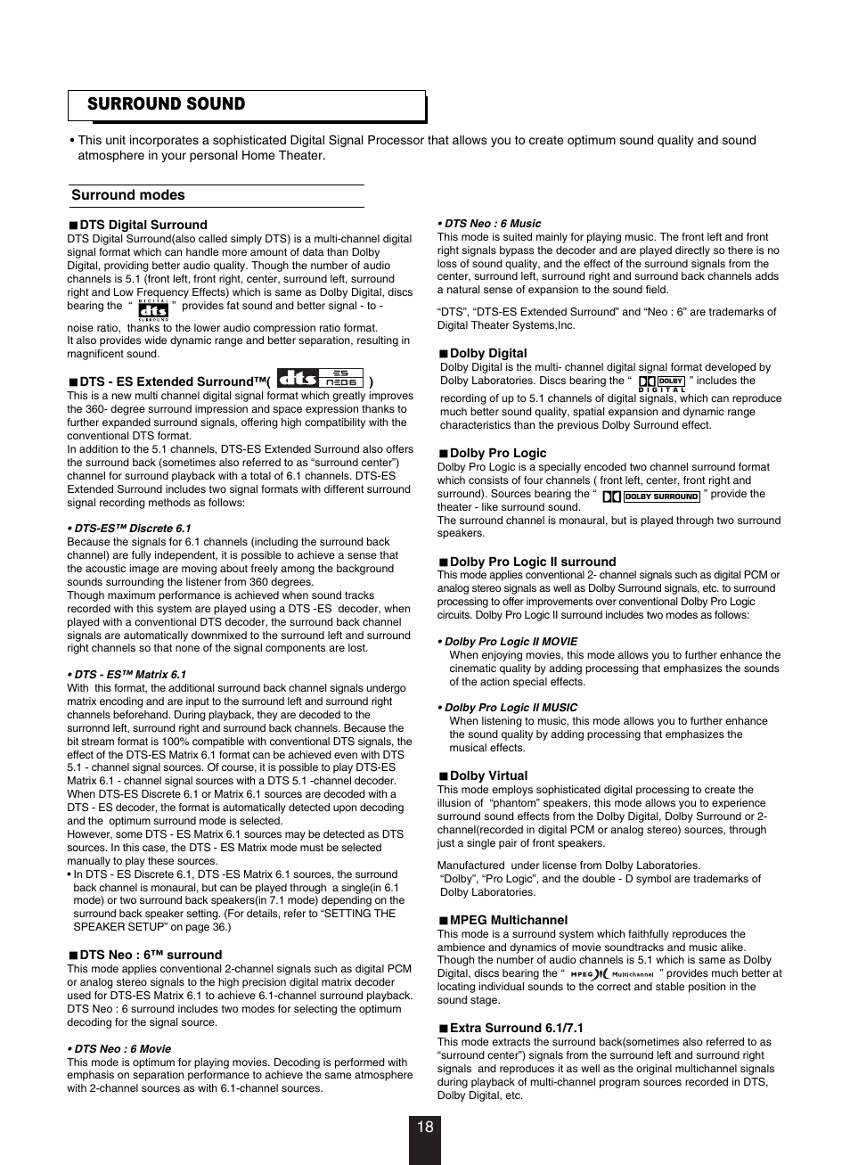 Surround sound | DTS RV4700 DTS-ES User Manual | Page 18 / 50