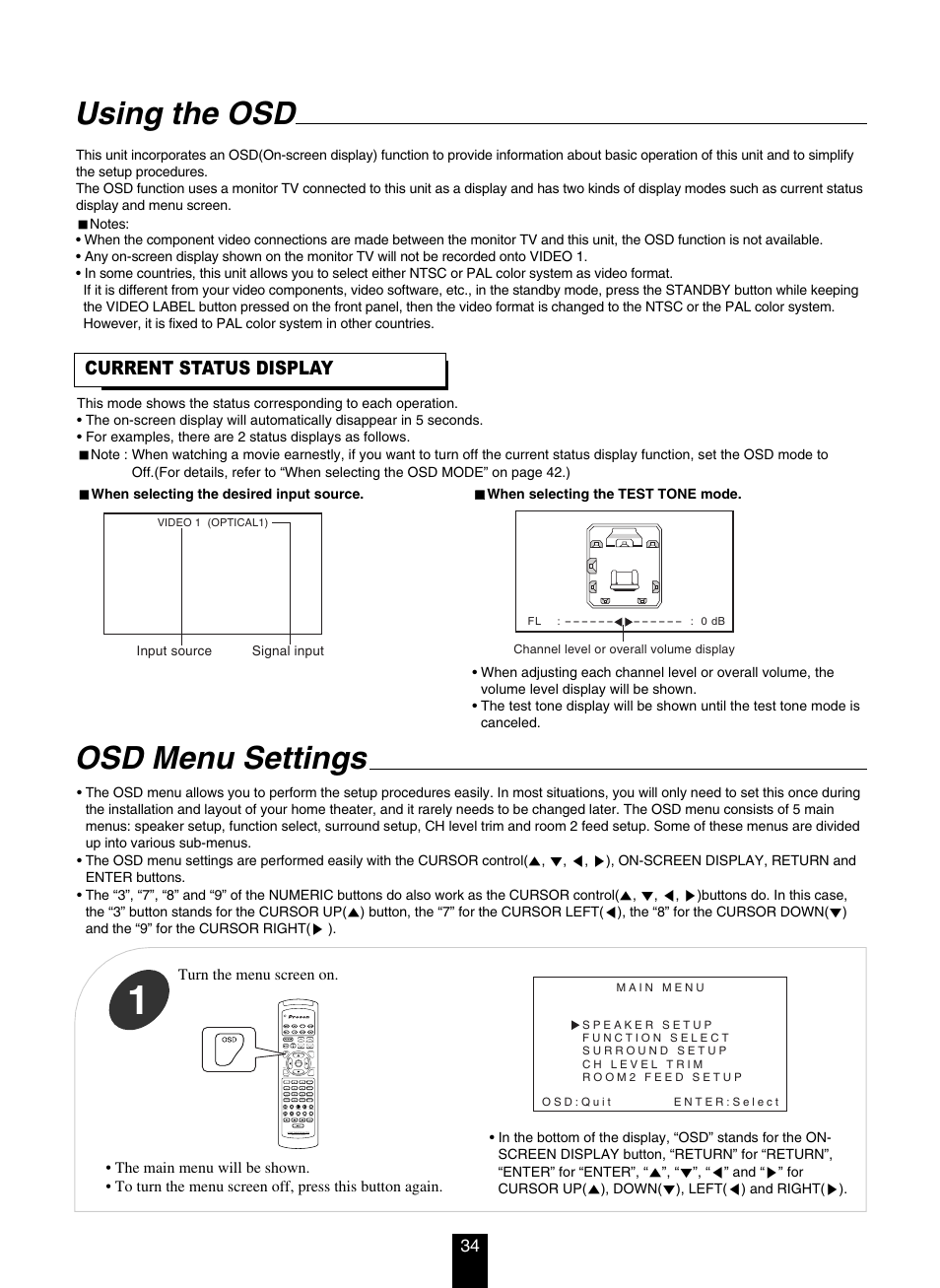 Using the osd, Osd menu settings, Current status display | DTS RV4700 DTS-ES User Manual | Page 34 / 50