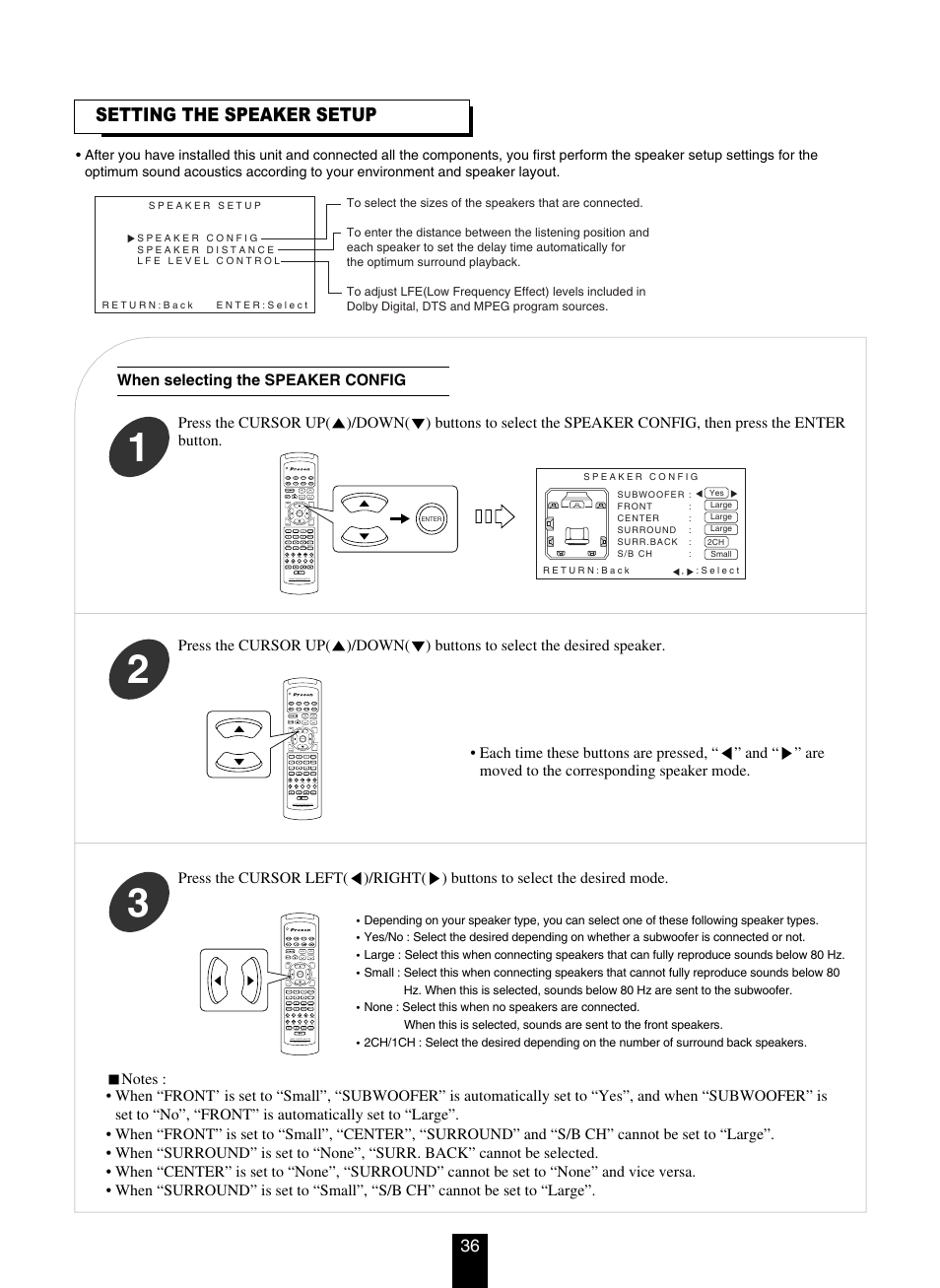 Setting the speaker setup | DTS RV4700 DTS-ES User Manual | Page 36 / 50
